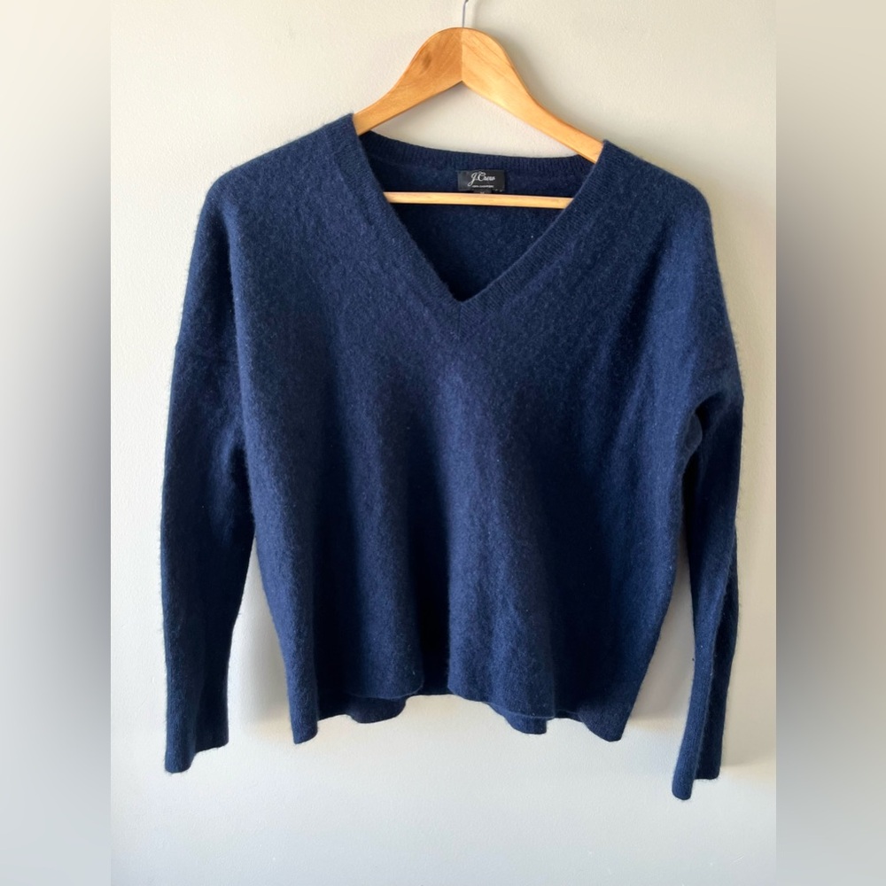 J. Crew 100% Cashmere Navy V-Neck Sweater Slightly Cropped Size Medium